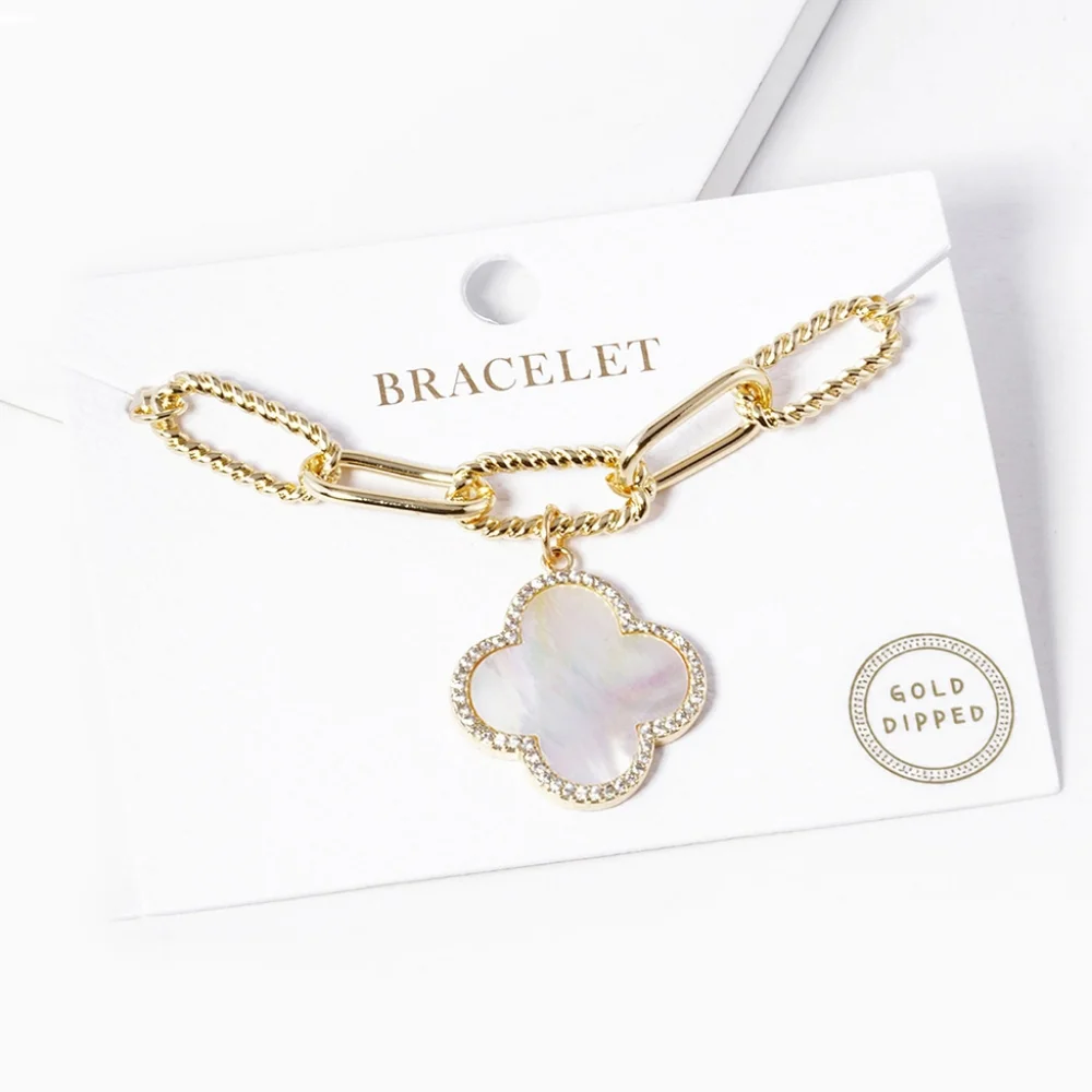 Gold Quatrefoil Pendant Charm Bracelet Paperclip Clover Link Chain Jewelry